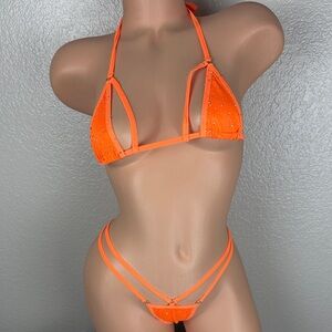 NEW Super Sexy Neon Orange Bling Strappy Stripper Exotic Dancer Outfit Set OS